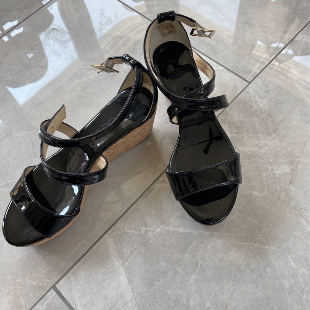 **Jimmy Choo Black Patent Leather Platform Sandals
